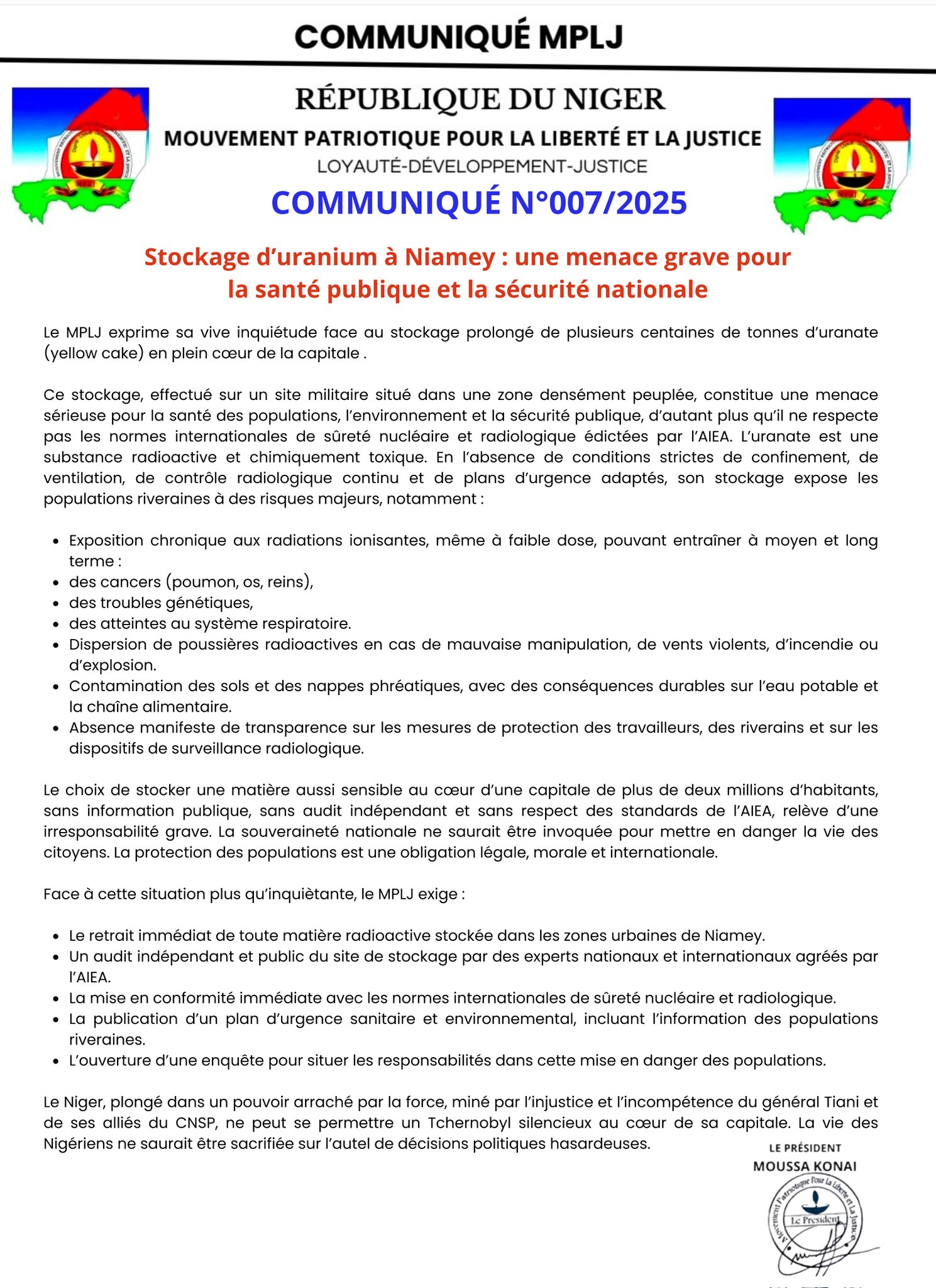 Uranium bloqué à Niamey : La mort guette les Nigériens par la faute de Tiani, alerte la rébellion du MPLJ 